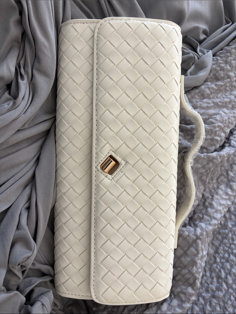 Woven White Clutch with Gold-Tone Turnlock